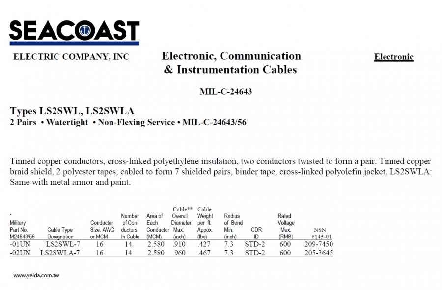 LS2SWL/ LS2SWLA MIL-DTL-24643/56 Navy Shipboard Cable > MIL-DTL-24643 美國海軍軍艦船舶軍規電線