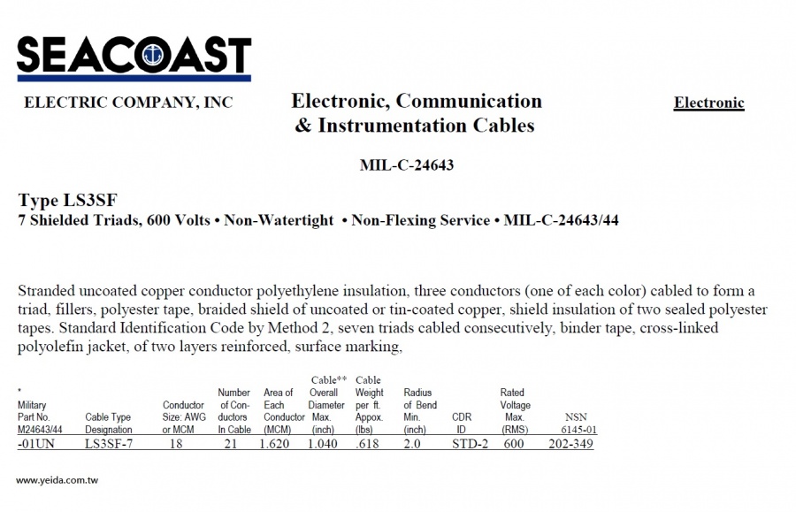 LS3SF MIL-DTL-24643/44 Navy Shipboard Cable > MIL-DTL-24643 美國海軍軍艦船舶軍規電線產品圖