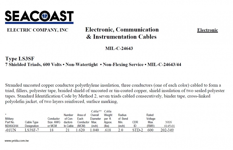 LS3SF MIL-DTL-24643/44 Navy Shipboard Cable > MIL-DTL-24643 美國海軍軍艦船舶軍規電線