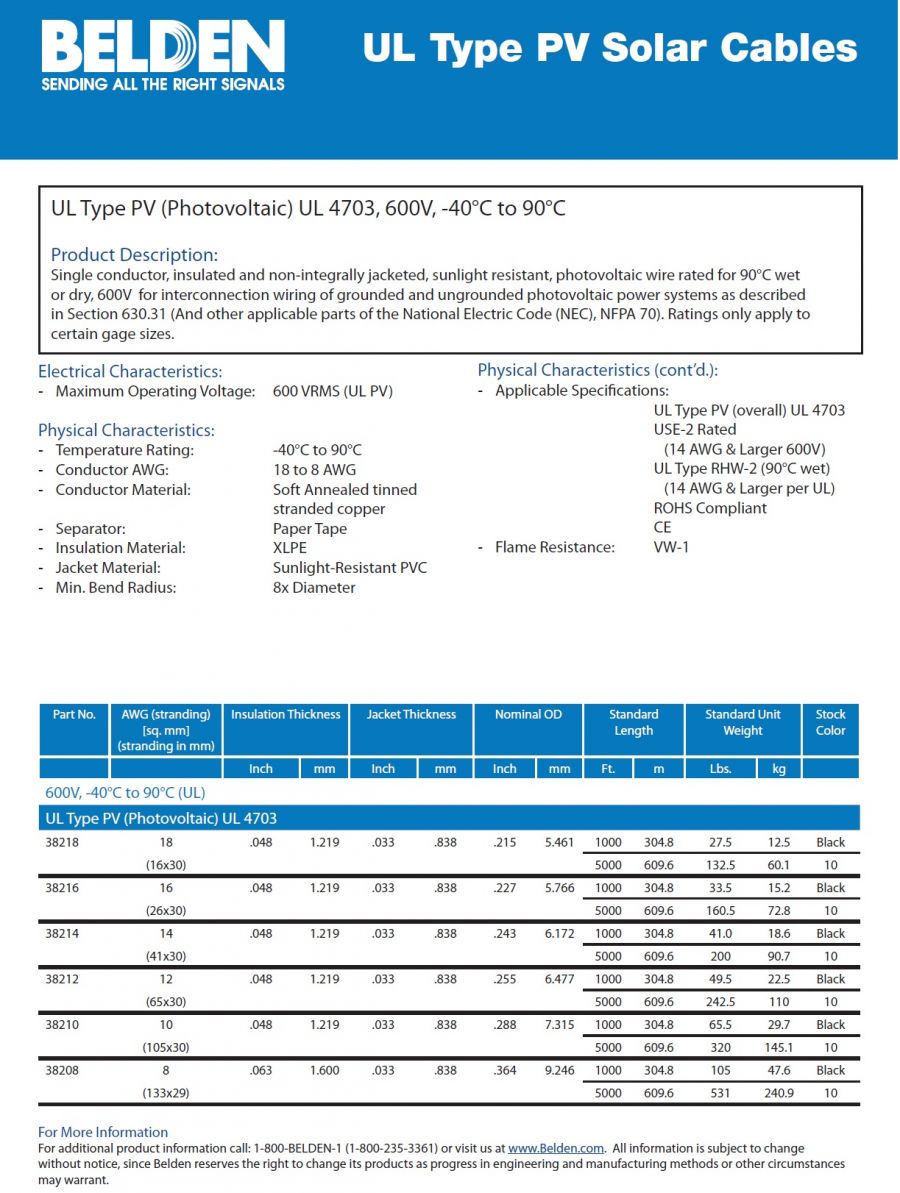 Belden-38212, 38218, 38216, 38214, 38210, 38208)(Awg18 to 8) UL Typ PV (Photovoltaic) UL 4703 太陽能用線 600V, -40°C to 90°C