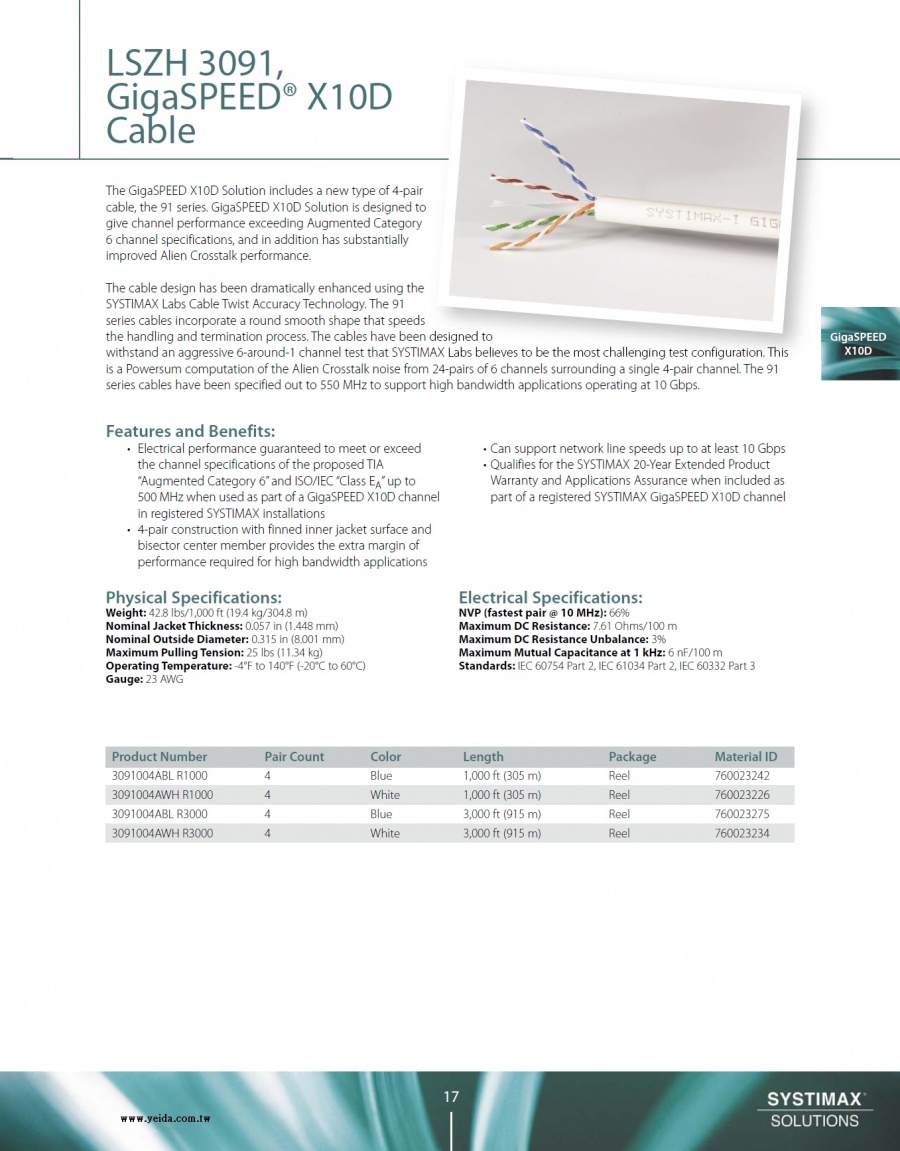 Commscope-LSZH 3091, SYSTIMAX GigaSPEED X10D Cable CAT-6A 低煙無鹵網路配線產品圖