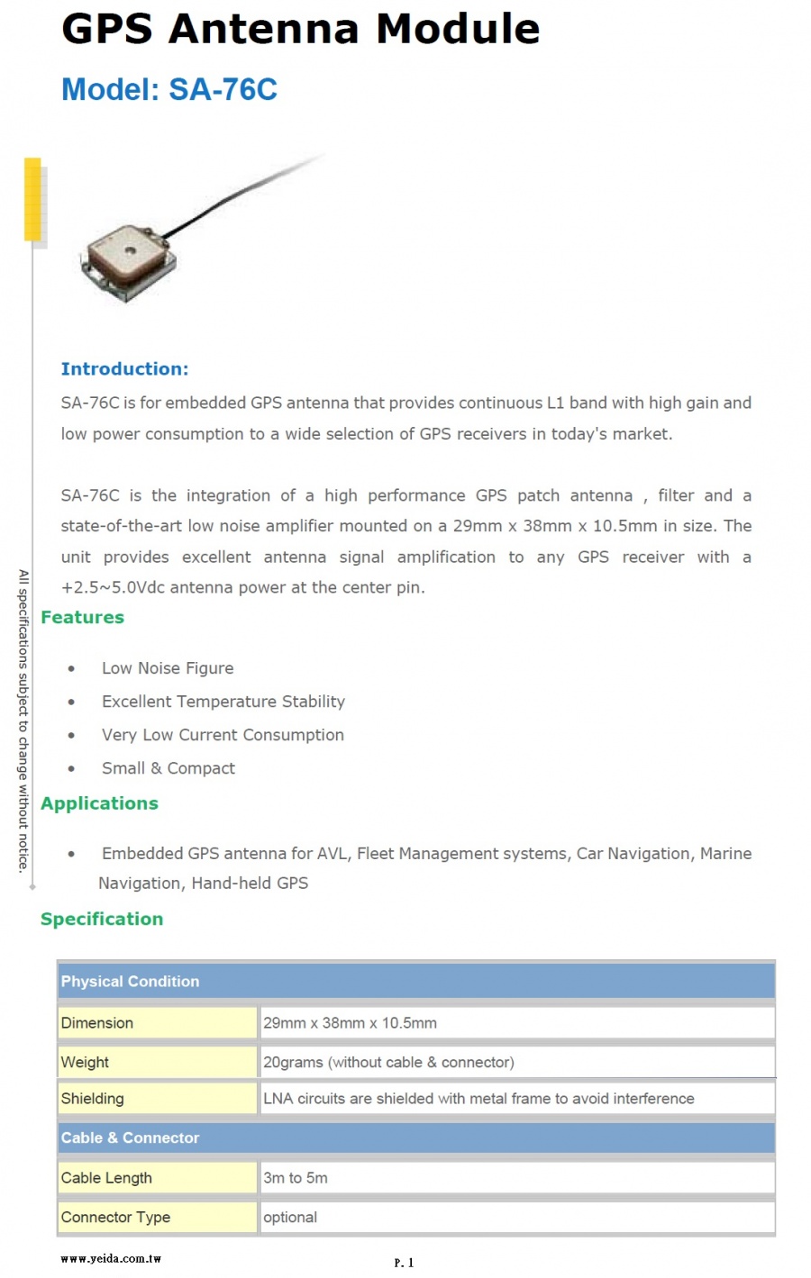 YEIDA, SA-76C OEM GPS Antenna Module with Low Noise Amplifier 內置 GPS天線模塊與低噪聲放大器產品圖