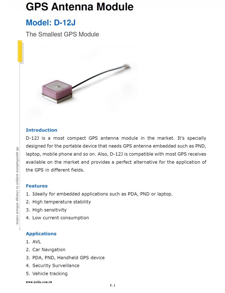 YEIDA, D-12J GPS Antenna Module 嵌入內藏型GPS天線模塊