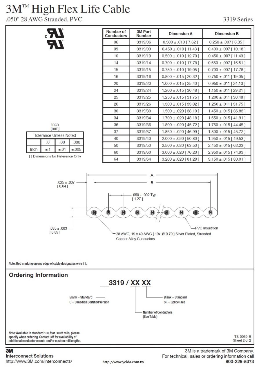 3M™-3319 Series High Flex Life Cable, .050" 28 AWG Stranded (9C to 64C), PVC, High Flex 耐移動式柔性排線