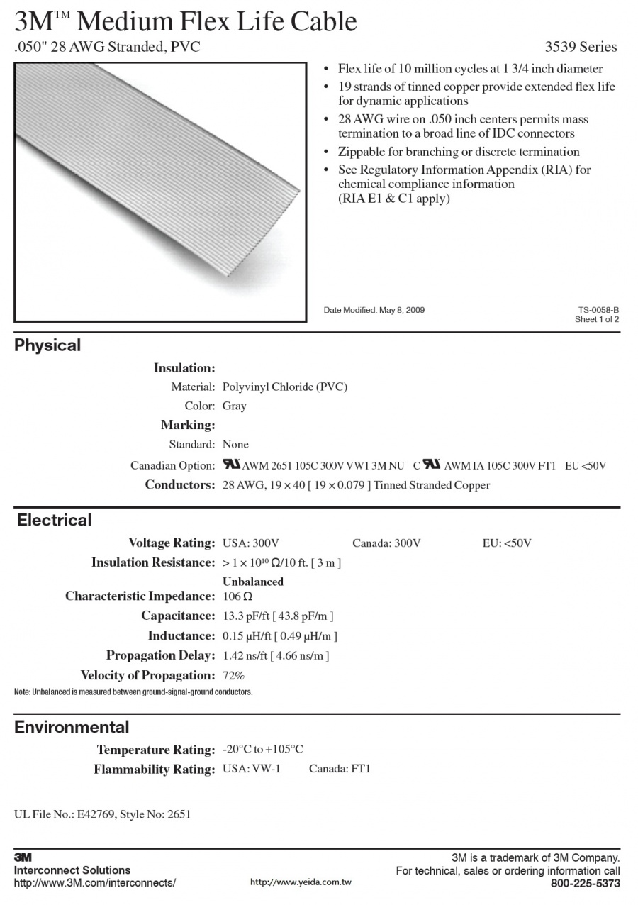 3M™ -3539 Series Medium Flex Life Cable, .050" 28 AWG Stranded (9C to 64C), PVC, Medium Flex 柔性排線