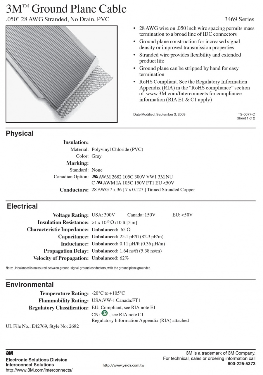 3M™-3469 Series Ground Plane Cable, .050" 28 AWG Stranded (10C to 64C), PVC, No Drain 地平面電纜