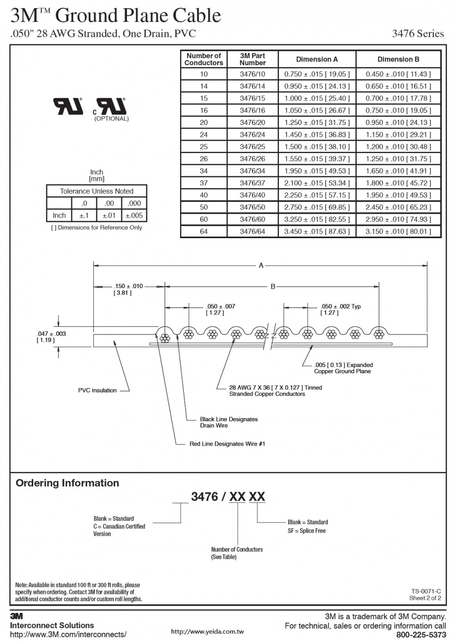 3M™-3476 Series Ground Plane Cable, .050" 28 AWG Stranded(10C to 64C), PVC, One Drain 地平面電纜