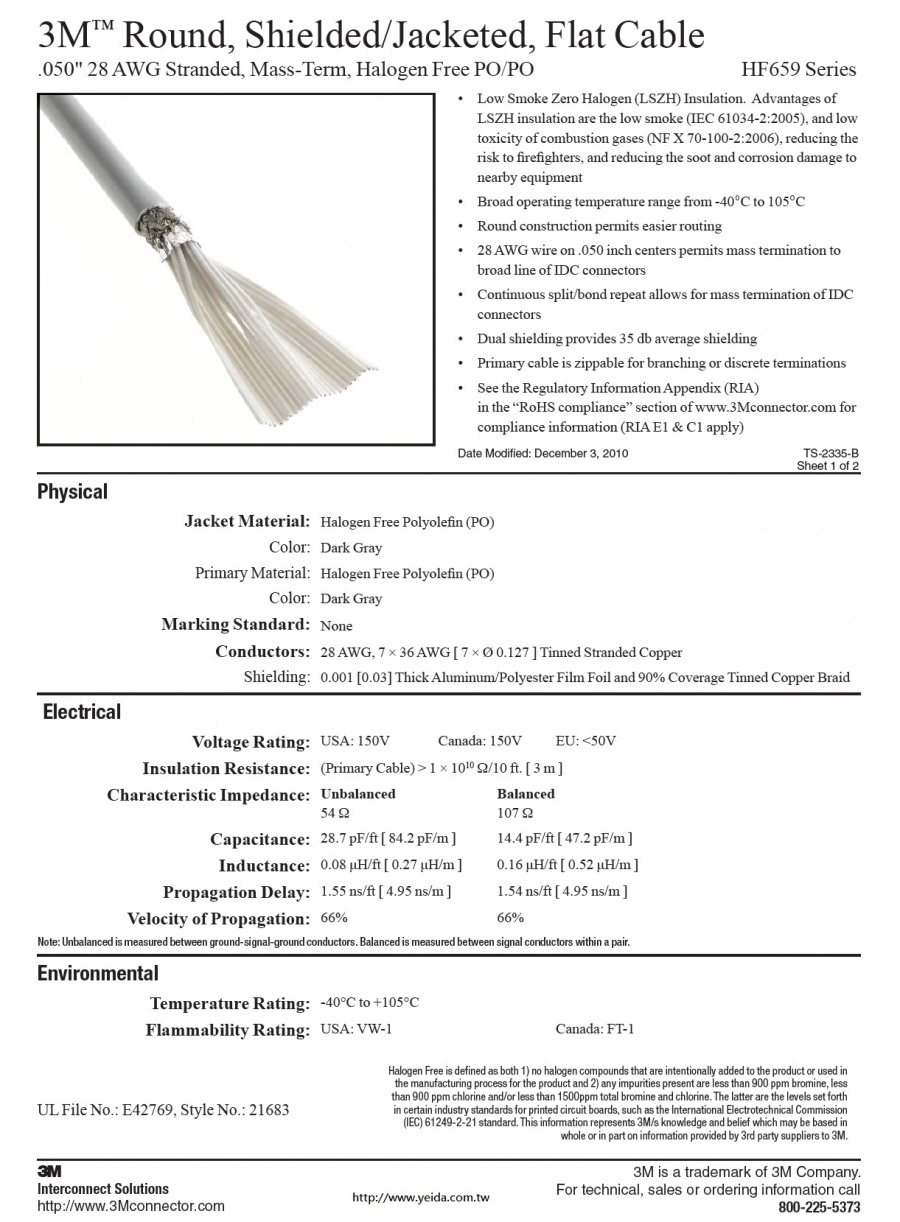 3M™HF659 Series Round, Shielded/Jacketed, Flat Cable, .050