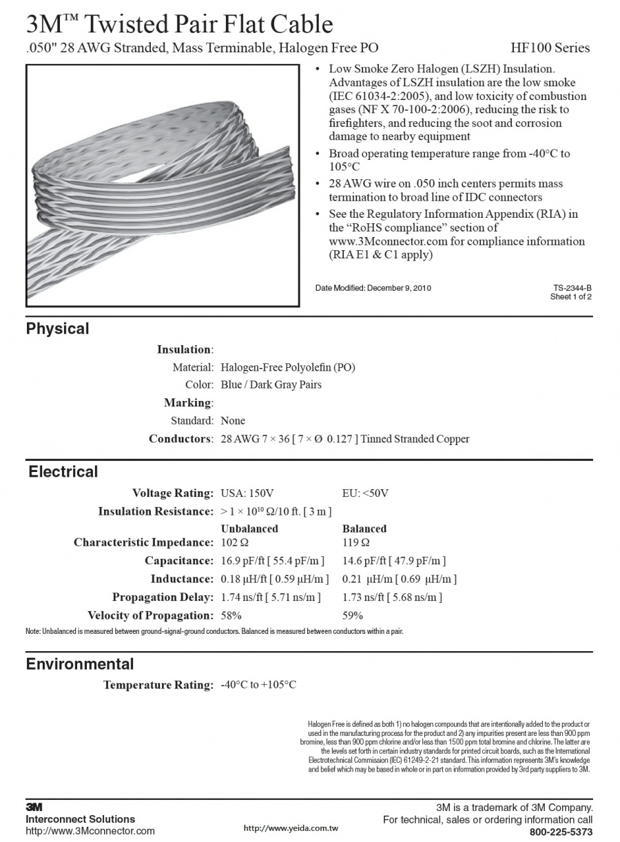 3M™ HF100 Series Twisted Pair Flat Cable, .050" 28 AWG Stranded (5Pair to 32 Pair), Mass Terminable, Halogen Free PO 低煙無鹵排線