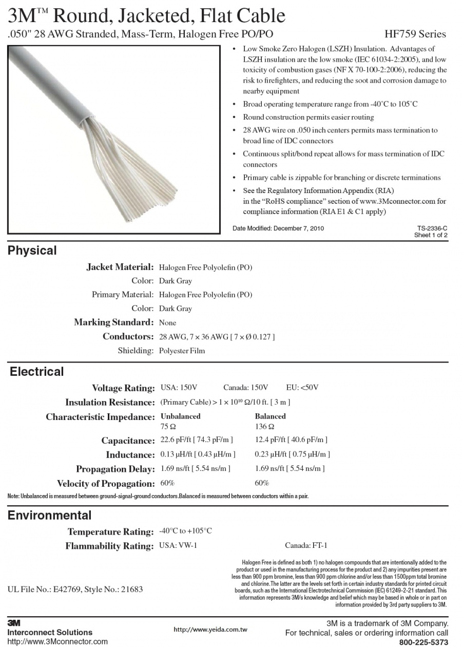 3M™-HF759 Series Round, Jacketed, Flat Cable, .050" 28 AWG Stranded (9C to 64C), Mass-Term, Halogen Free PO/PO低煙無鹵排線