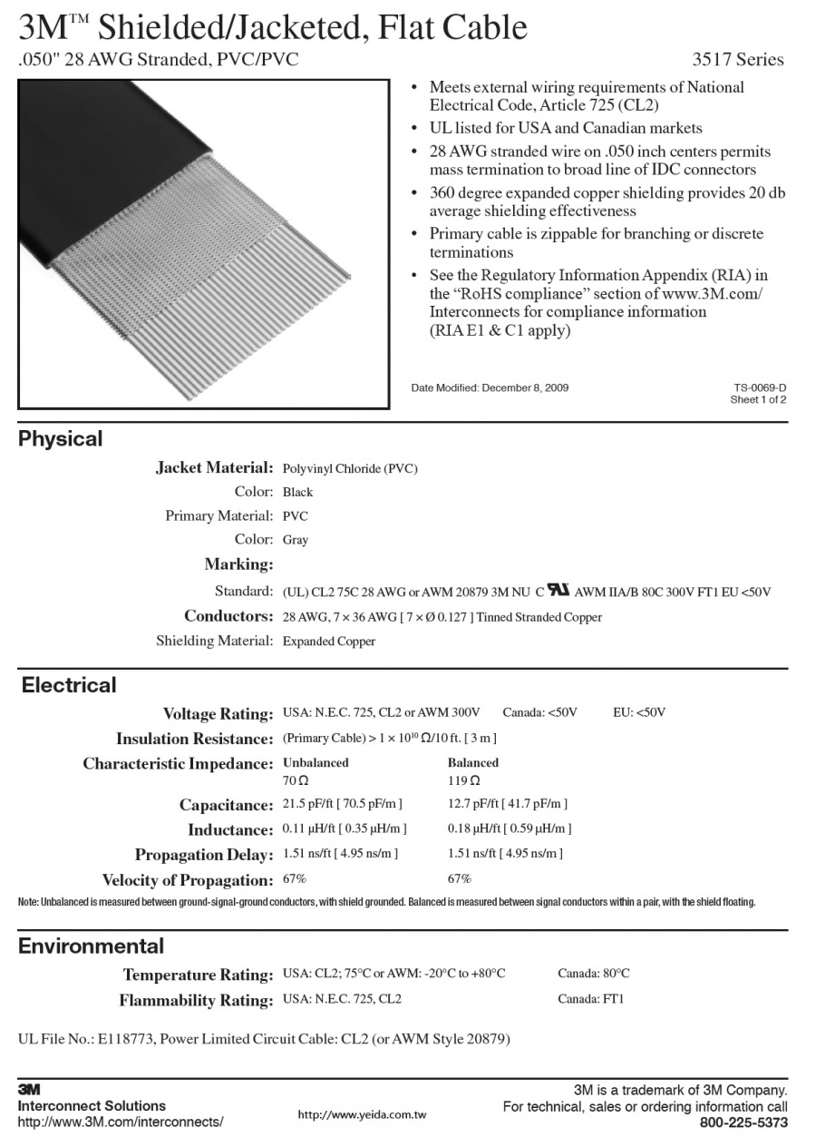 3M™ 3517 Series Shielded/Jacketed, Flat Cable, .050