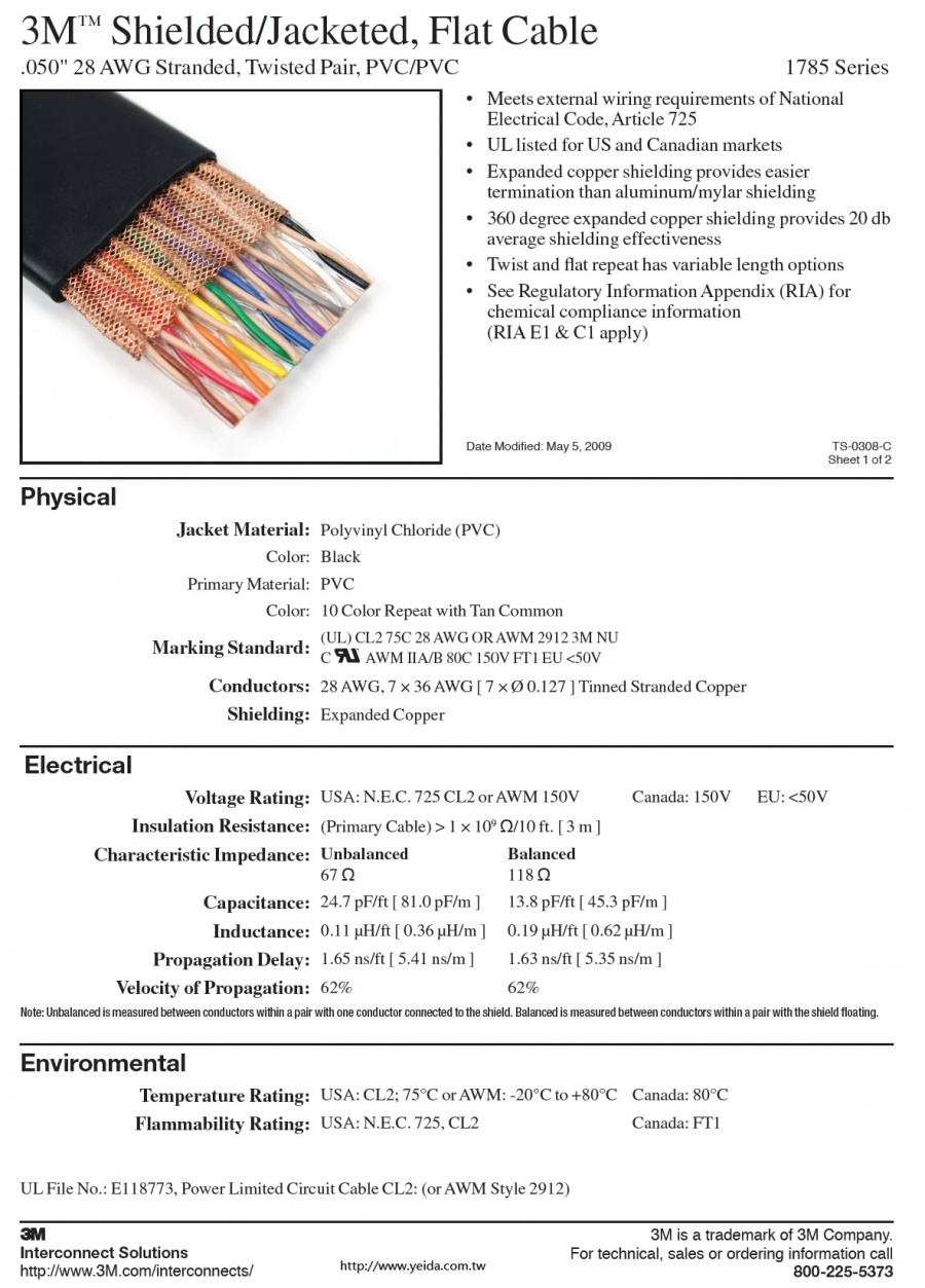 商品編號: 3M-1785  3M™1785 Series Shielded/Jacketed, Flat Cable, .050" 28 AWG Stranded (5P to 32Pair), Twisted Pair, PVC/PVC 扁形黑色外被覆對型銅網隔離排線