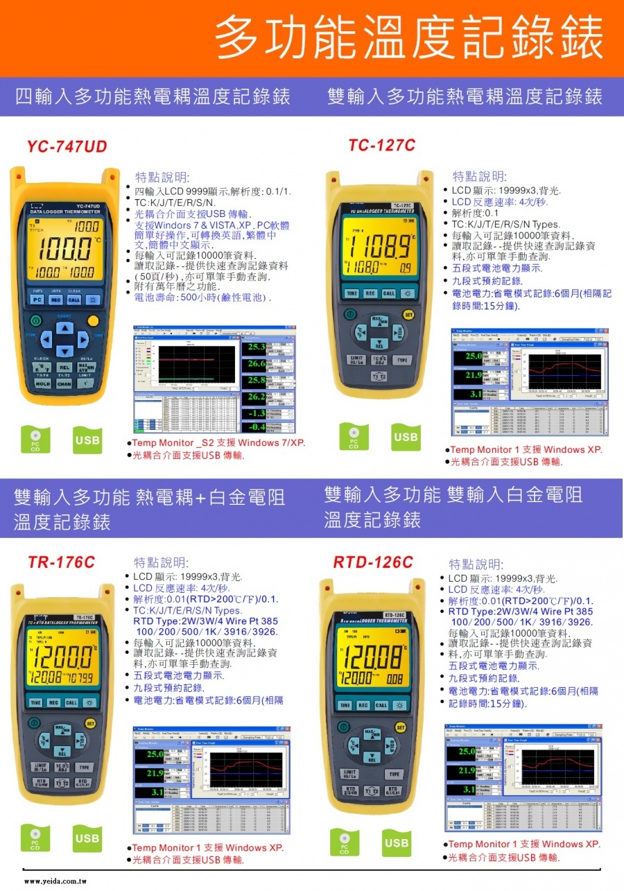 YC-747UD 4 Channel Handheld Data Logger Thermometer K/J/T/E/R/S/N Types 4 輸入熱電耦儲存式多功能記錄式溫度錶(測試儀器)產品圖