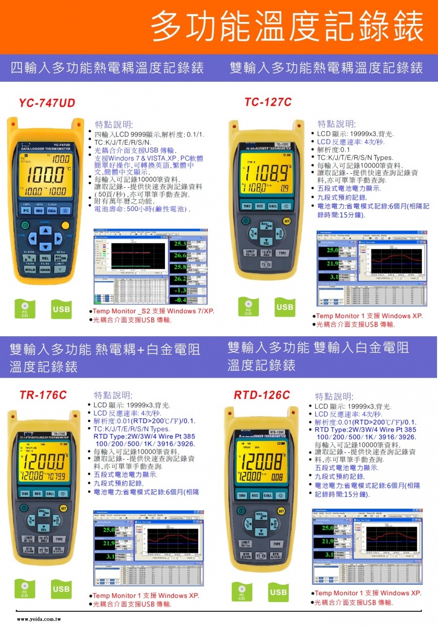 YC-747UD 4 Channel Handheld Data Logger Thermometer K/J/T/E/R/S/N Types 4 輸入熱電耦儲存式多功能記錄式溫度錶(測試儀器)