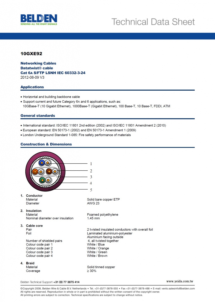 Belden-10GXE92 Networking Datatwist® Cables Cat 6A S/FTP LSNH IEC 60332-3-24 AWG 23 低煙無鹵雙屏蔽隔離網路線產品圖