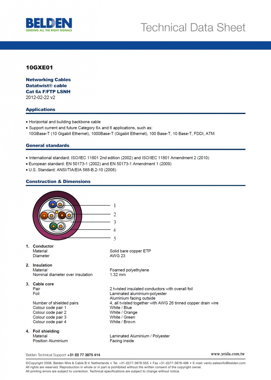 Belden-10GXE01  Networking Datatwist® Cables Cat 6A F/FTP LSNH AWG 23 低煙無鹵鋁箔隔離網路線產品圖
