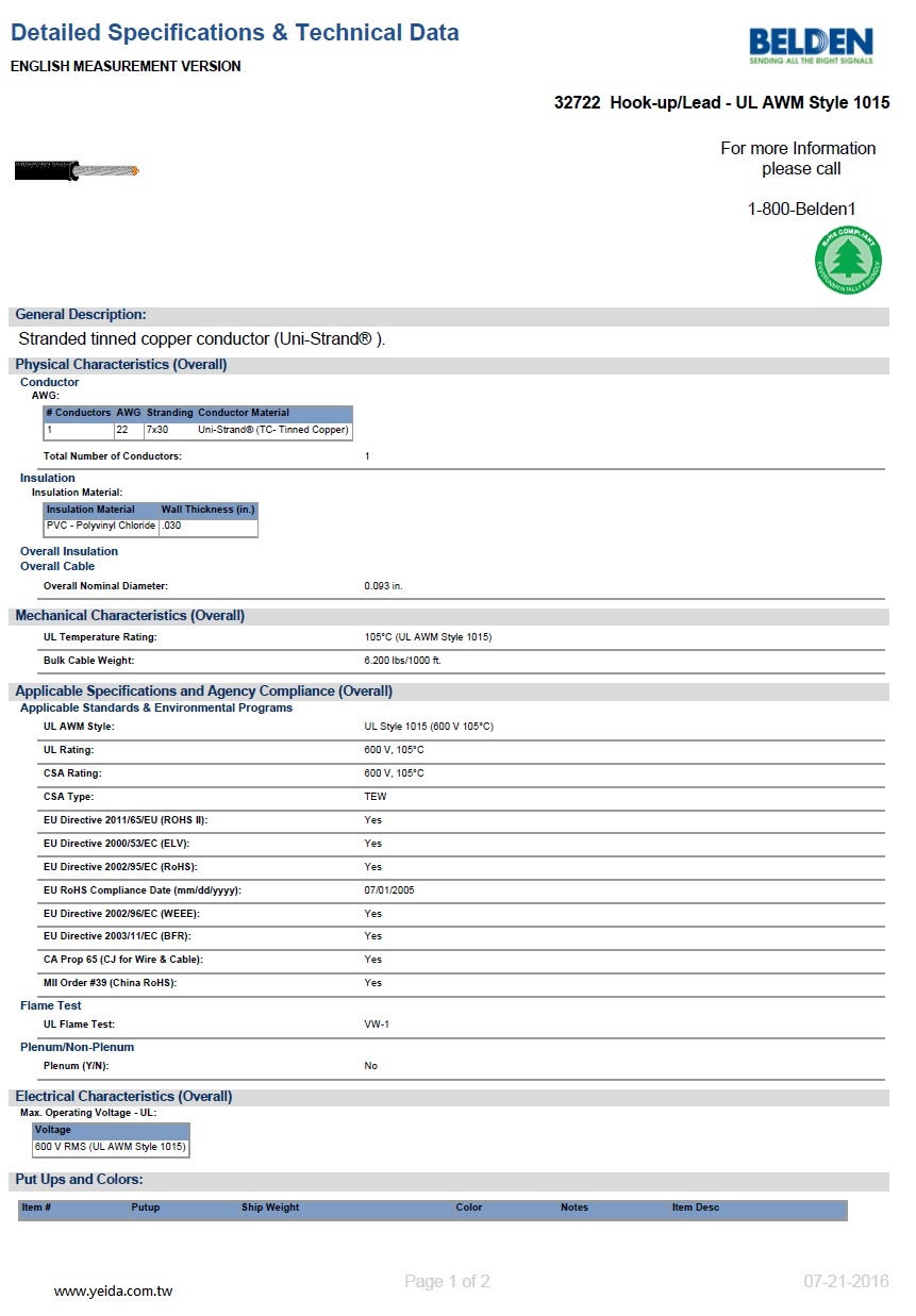 Belden-32722 UL AWM Style 1015 Awg 22 Stranded tinned copper conductor (Uni-Strand® ) UL 美規電子線產品圖