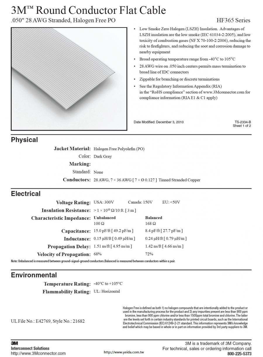 3M™ Round Conductor Flat Cable, HF365 Series .050" 28 AWG Stranded, Halogen Free PO 6C to 64C 低煙無鹵排線