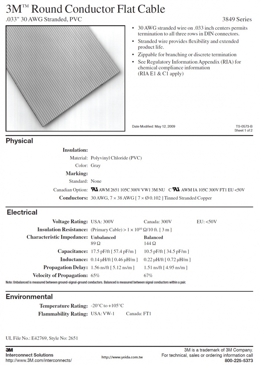 3M™ Round Conductor Flat Cable, 3849 Series .033" 30 AWG Stranded, PVC 96C 排線
