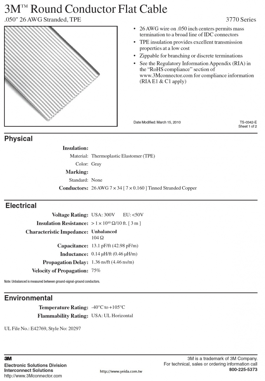3M™ Round Conductor Flat Cable, 3770 Series .050" 26 AWG Stranded, TPE 9C to 64C 排線