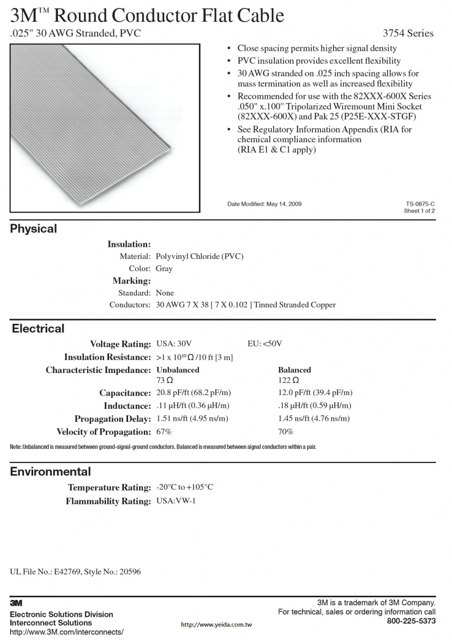 3M™ Round Conductor Flat Cable, 3754 Series .025" 30 AWG Stranded(20C TO 100C), PVC 排線