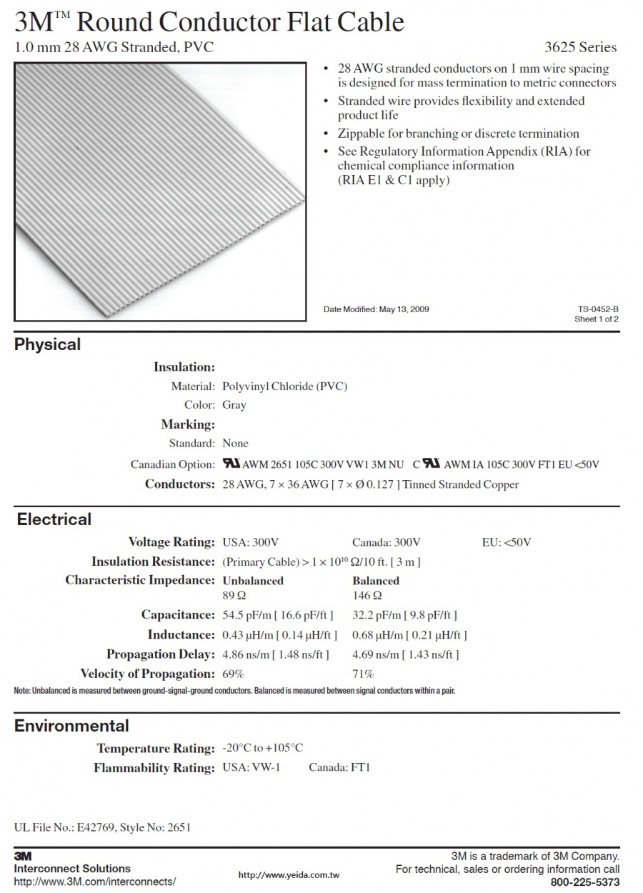 3M™ Round Conductor Flat Cable, 3625 Series 1.0 mm 28 AWG Stranded (6C to 50C), PVC產品圖