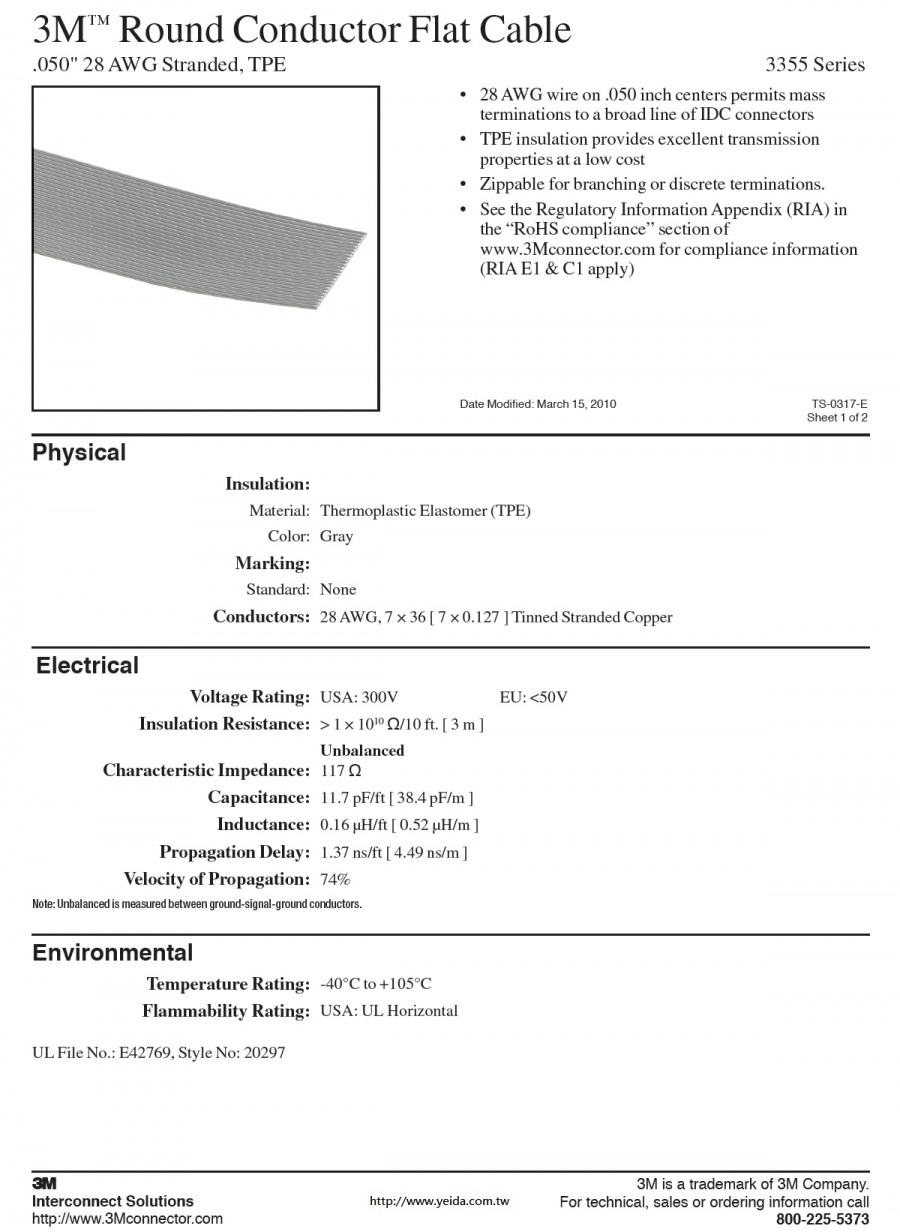 3M™ Round Conductor Flat Cable, 3355 Series .050" 28 AWG Stranded (9C to 64C), TPE 排線