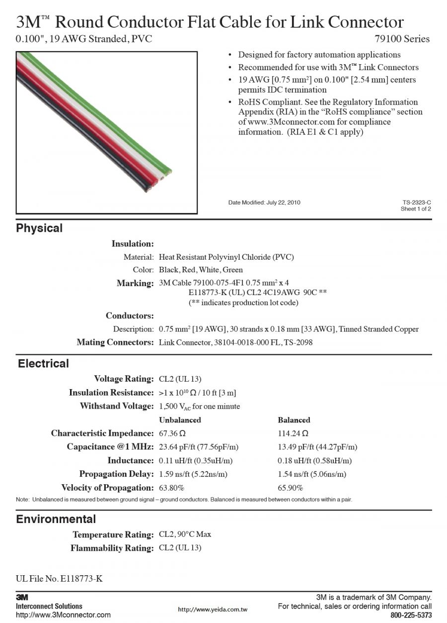 3M™ Round Conductor Flat Cable for Link Connector, 79100 Series 0.100