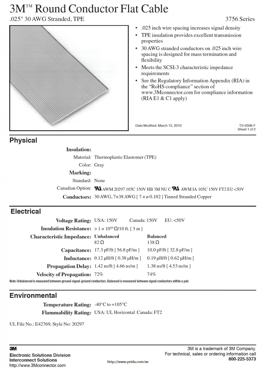 3M™ Round Conductor Flat Cable, 3756 Series .025" 30 AWG Stranded (20C to 100C), TPE 排線