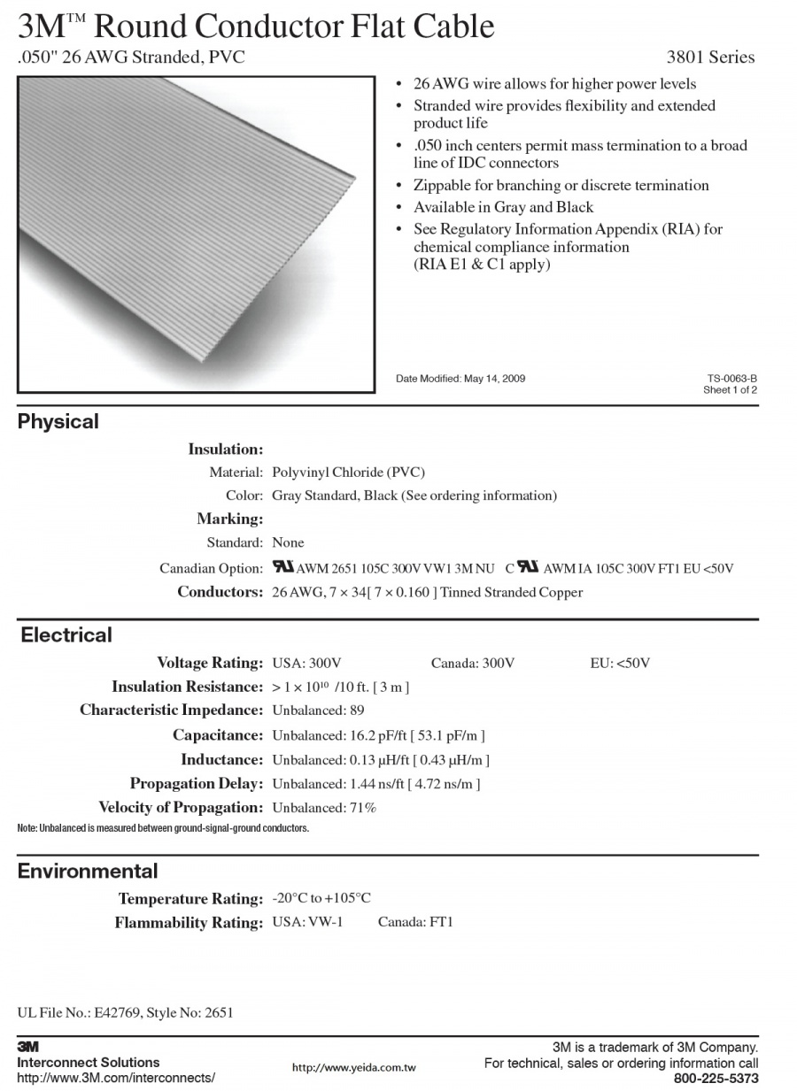 3M™ Round Conductor Flat Cable, 3801 Series .050" 26 AWG Stranded, PVC (9C to 64C) 排線