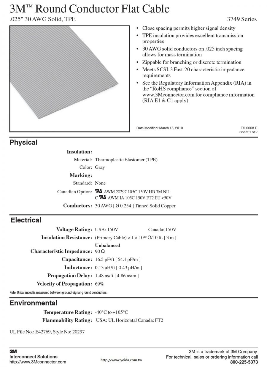 3M™ Round Conductor Flat Cable, 3749 Series .025