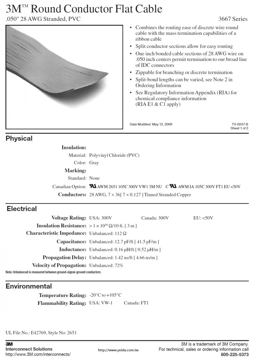 3M™ Round Conductor Flat Cable, 3667 Series .050" 28 AWG Stranded, PVC, Split & Bonded 排線