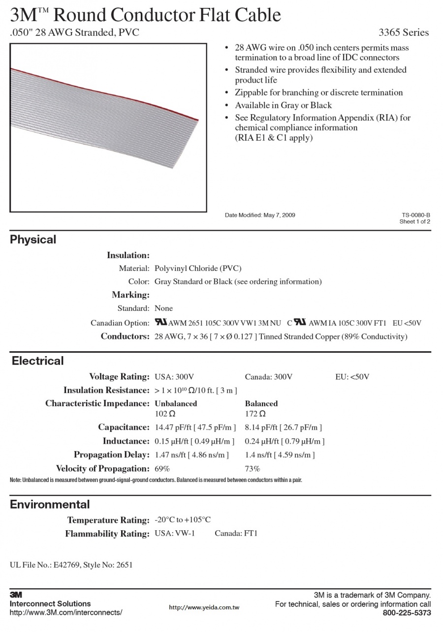 3M™ Round Conductor Flat Cable, 3365 Series .050