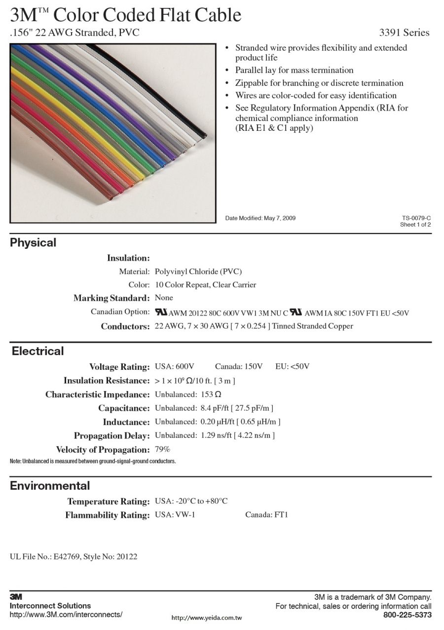 3M™3391 Series Color Coded Flat Cable, .156" 22 AWG Stranded, PVC, (9C to 64C) 彩色排線