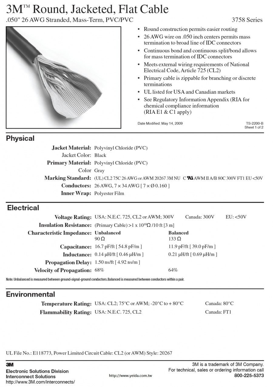 3M™3758 Series Round, Jacketed, Flat Cable, .050