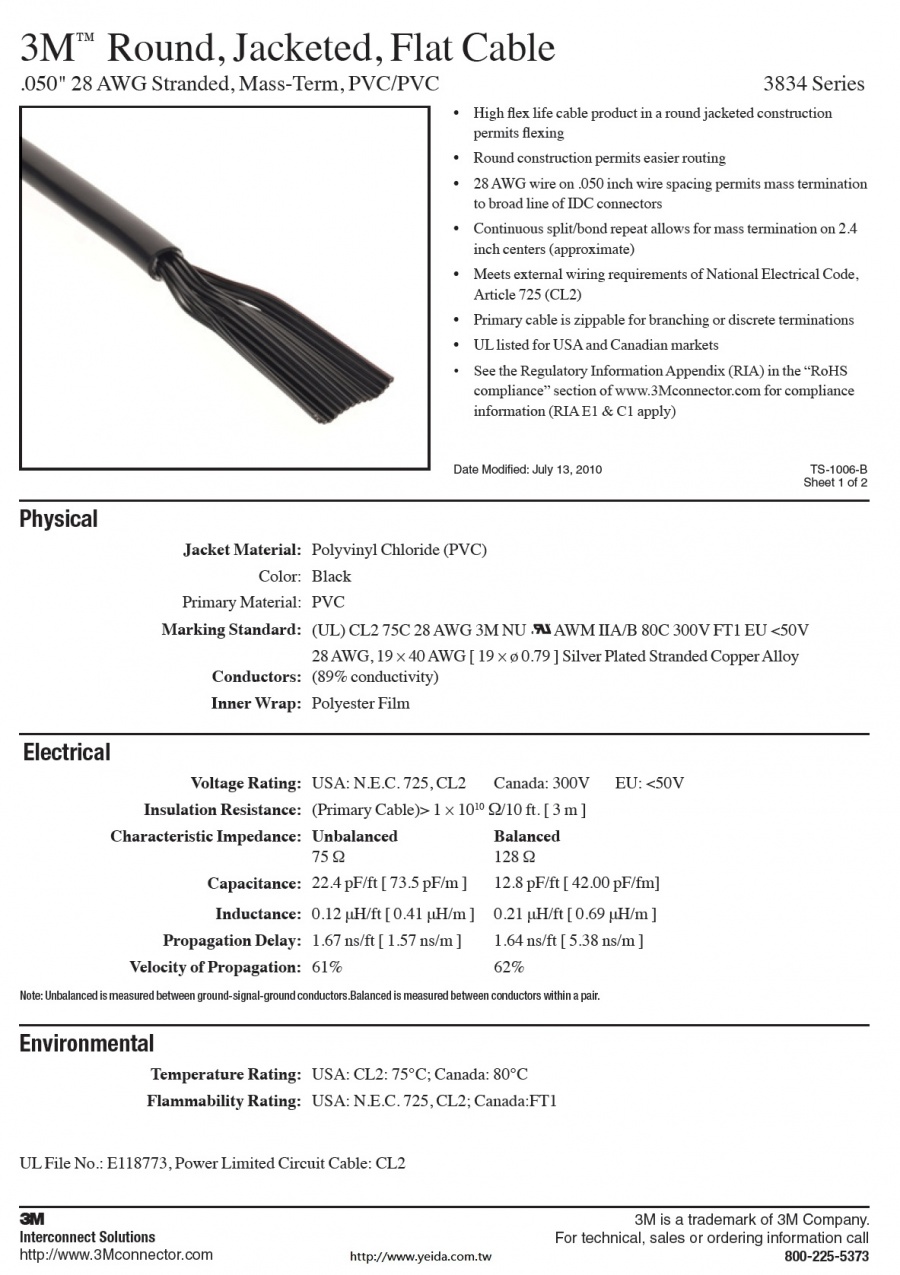 3M™3834 Series Round, Jacketed, High flex life Flat Cable, .050″ 28 AWG Stranded (10C to 64C), Mass-Term, PVC/PVC圓形超柔黑色外被覆排線