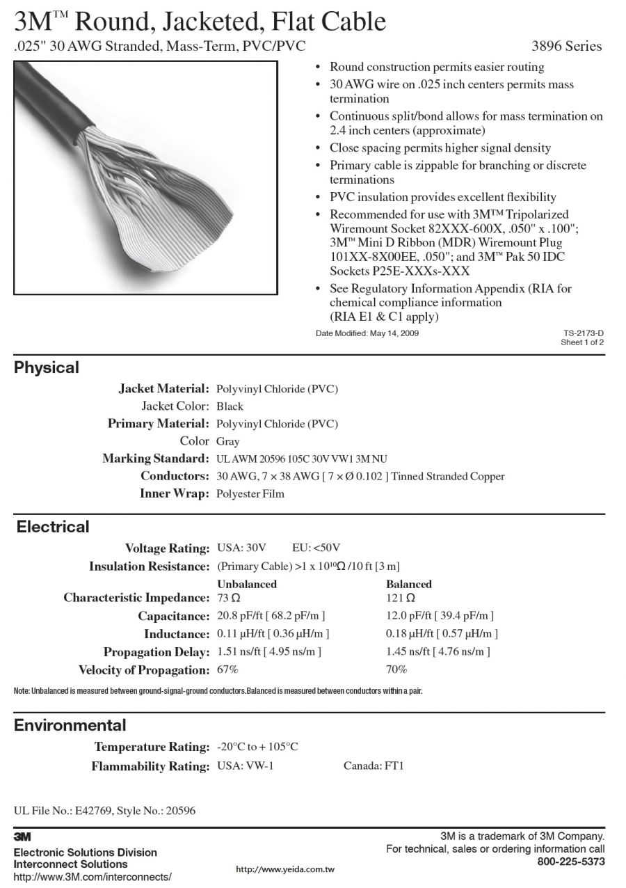 3M™3896 Series Round, Jacketed, Flat Cable, .025