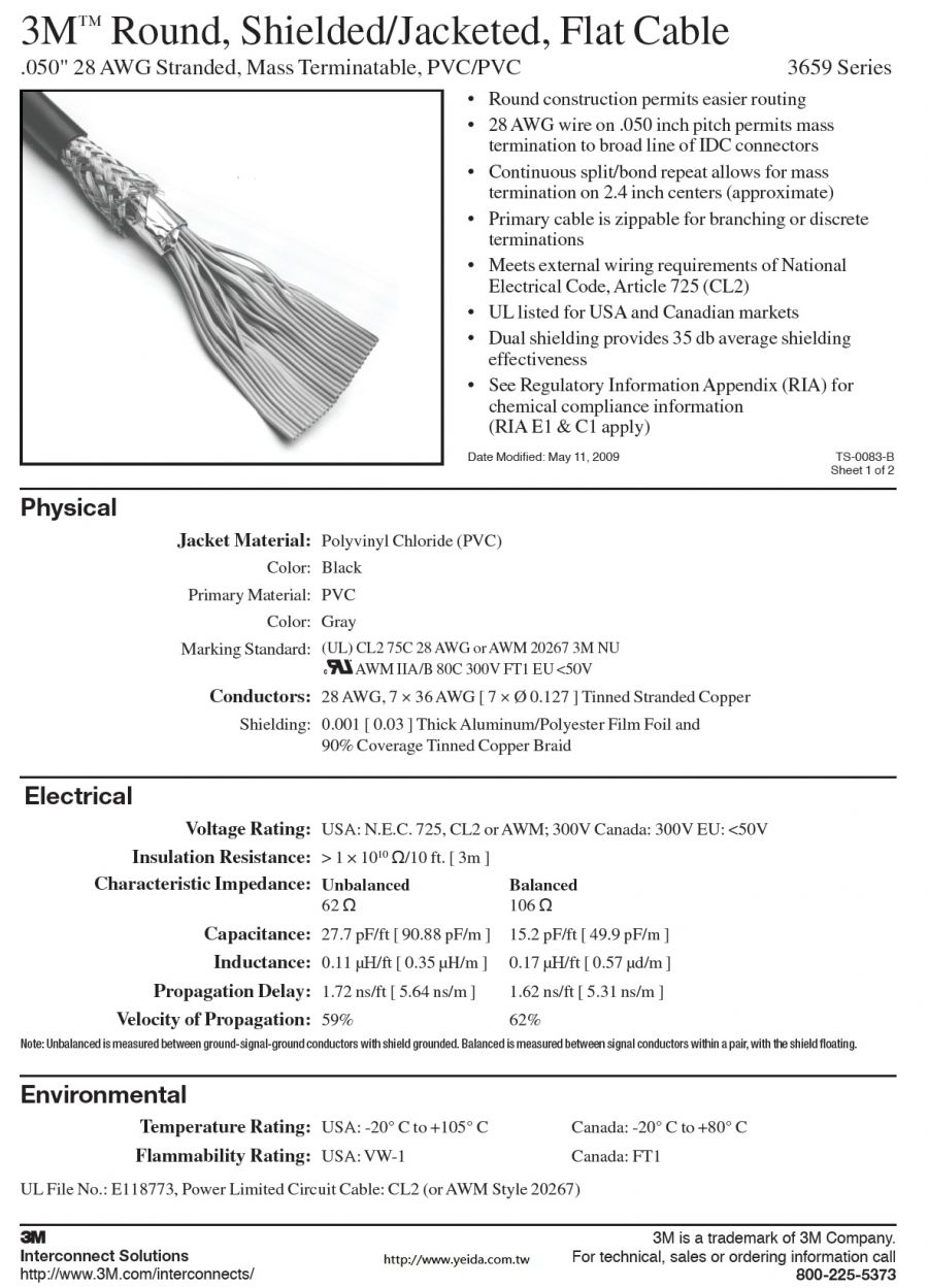 3M-3659 3M™ Round, Shielded/Jacketed, Flat Cable, .050" 28 AWG Stranded (9C to 64C), Mass Terminatable, PVC/PVC圓形銅網隔離黑色外被覆排線