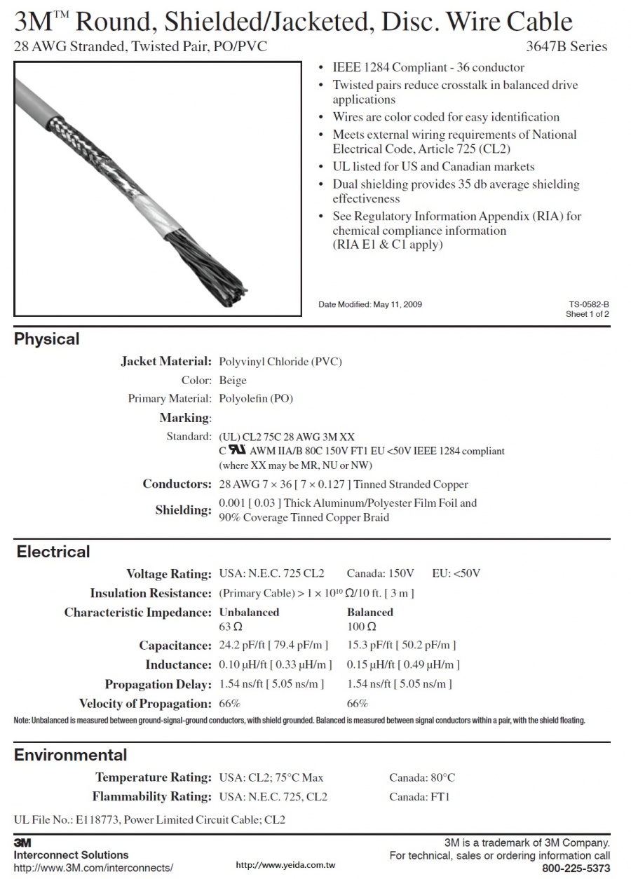 3M™3647B Series Round, Shielded/Jacketed, Disc. Wire Cable 28 AWG Stranded, Twisted Pair, PO/PVC, 36 conductors 對型銅網隔離電纜