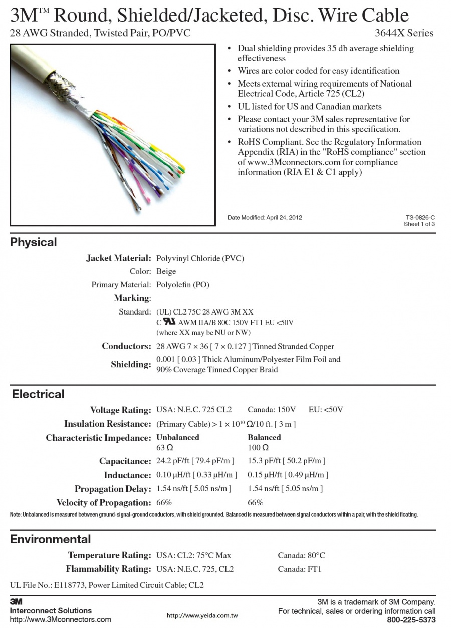 3M™3644X Series Round, Shielded/Jacketed, Disc. Wire Cable, 28 AWG Stranded, Twisted Pair, PO/PVC 對型隔離電纜(貝矩象牙色)