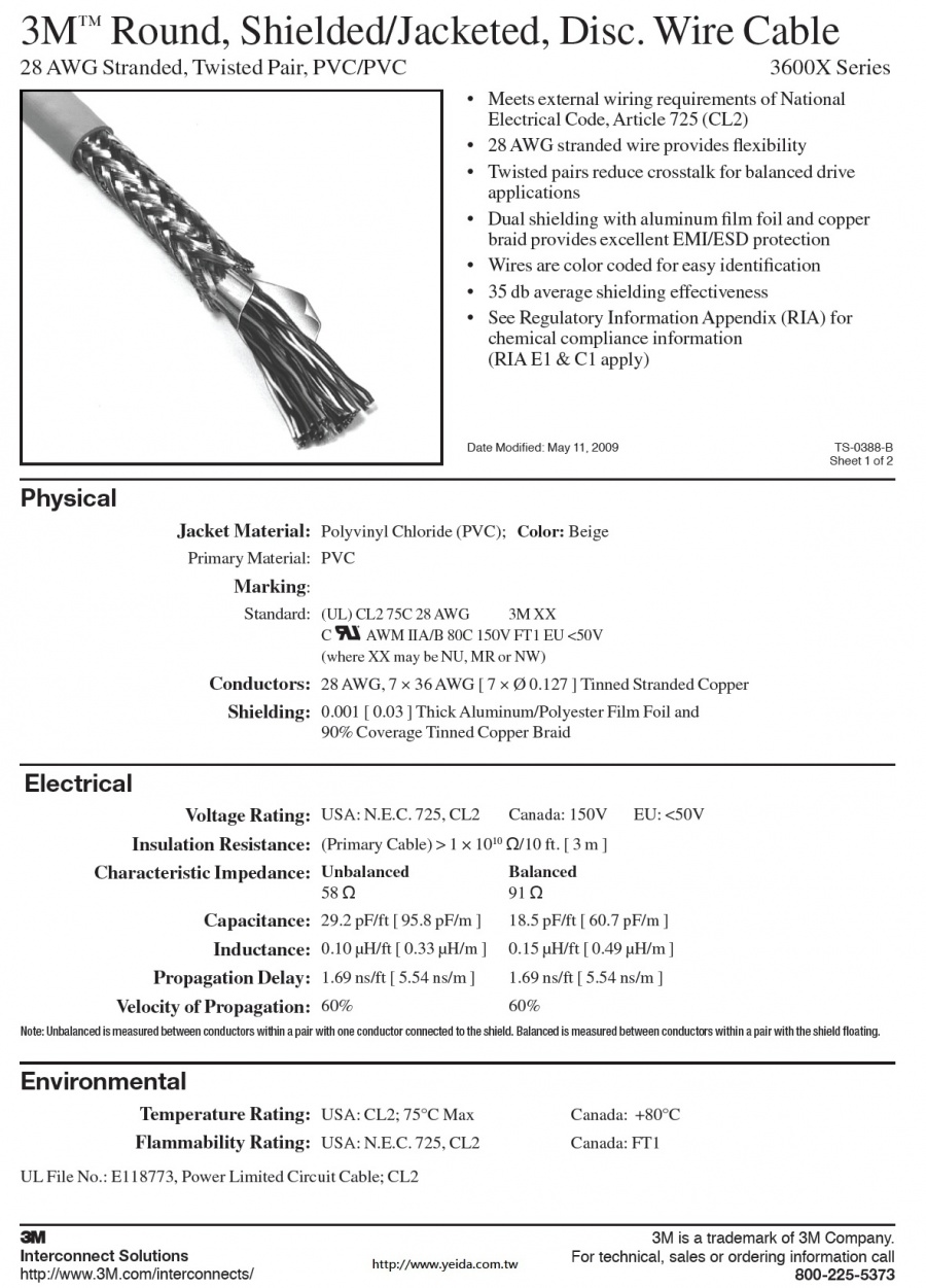 3M™3600X Series Round, Shielded Jacketed, Disc. Wire Cable, 28 AWG Stranded, Twisted Pair, PVC/PVC 對型隔離電纜(貝矩象牙色)