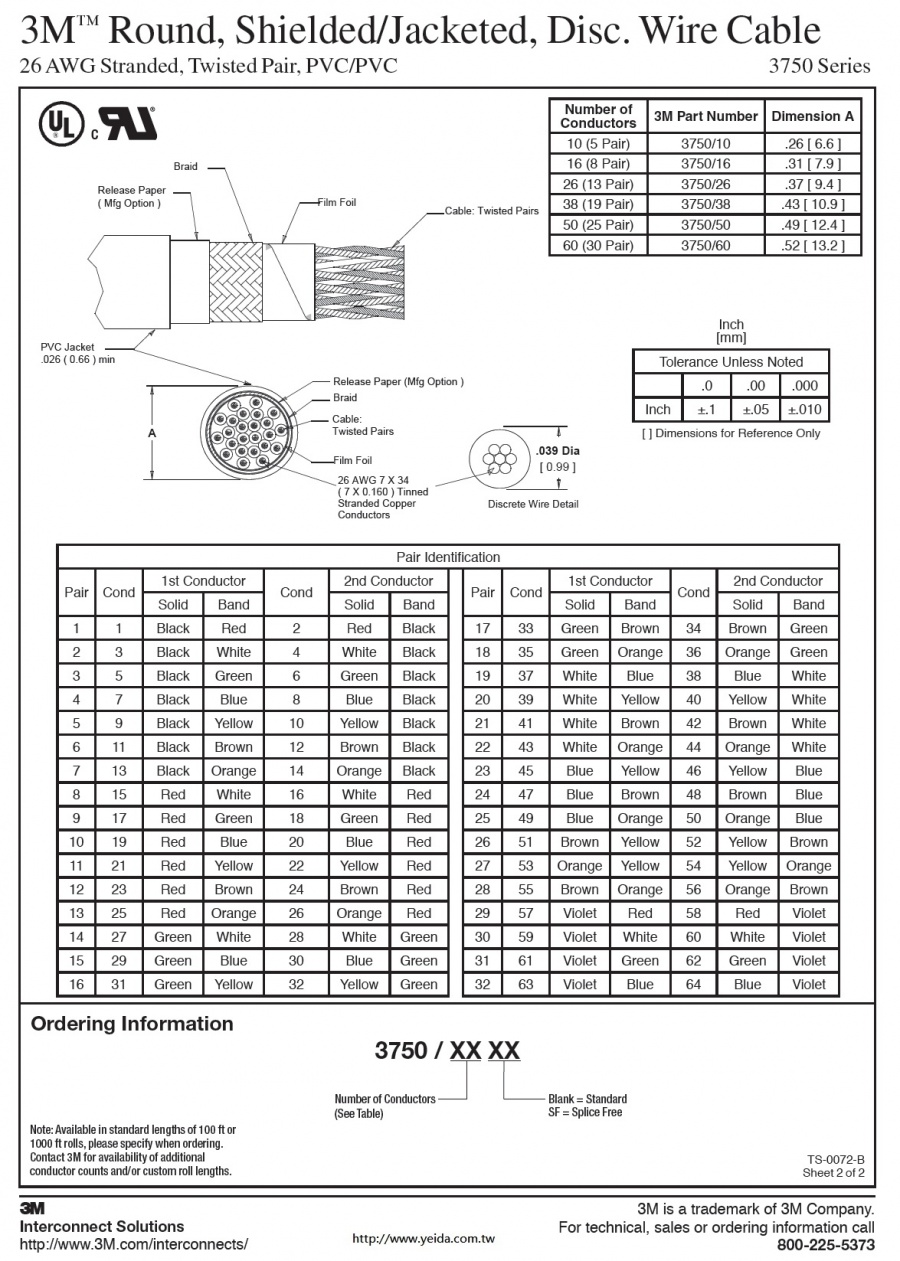 3M™ 3750 Series Round, Shielded/Jacketed, Disc. Wire Cable, 26 AWG Stranded (5Pair to 30Pair), Twisted Pair, PVC/PVC 對型隔離電纜(貝矩象牙色)