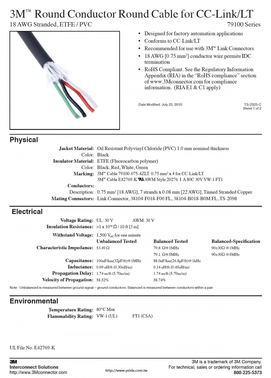 3M™79100 Series Round Conductor Round Cable for CC-Link/LT, 18 AWG Stranded, ETFE / PVC 自動化工廠通訊控制電腦傳輸線產品圖