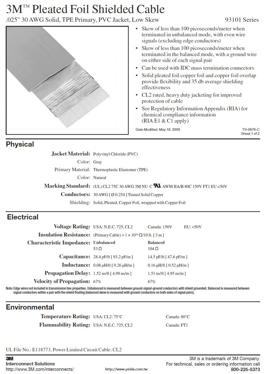 3M™ 93101 Series Pleated Foil Shielded Cable, .025