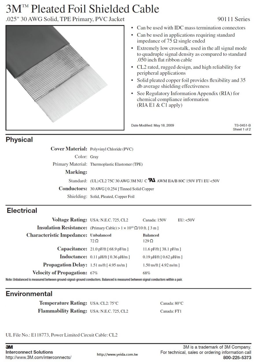 3M™90111 Series Pleated Foil Shielded Cable, .025" 30 AWG Solid(20C to 100C), TPE Primary, PVC Jacket, single ended 75 Ω applications 銅箔隔離TPE-PVC扁形排線