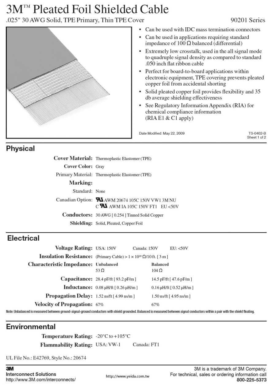3M™90201 Series Pleated Foil Shielded Cable, .025" 30 AWG Solid (20C to 100C), TPE Primary, Thin TPE Cover, 50 Ohm 銅箔隔離TPE-TPEC扁形排線