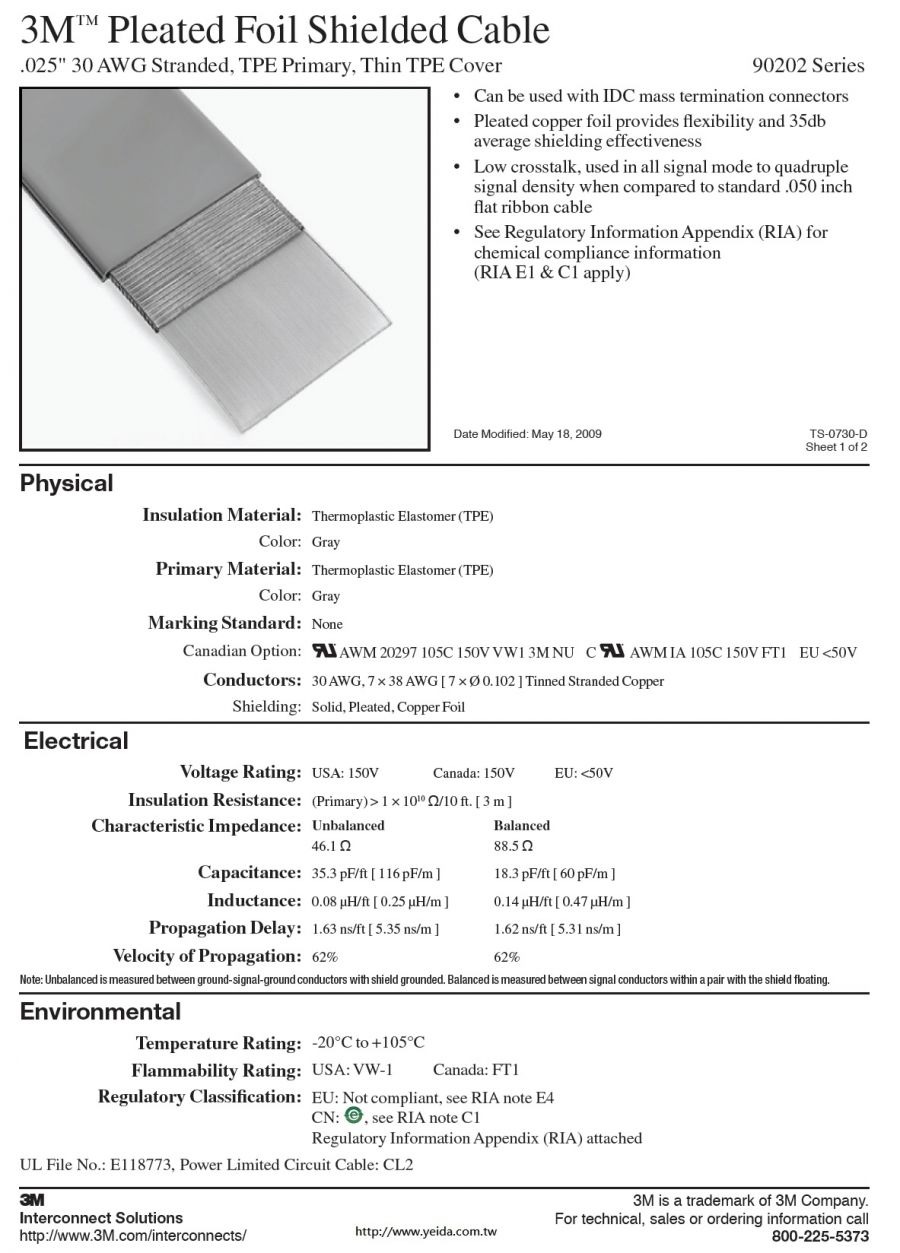 3M™ 90202 Series Pleated Foil Shielded Cable, .025