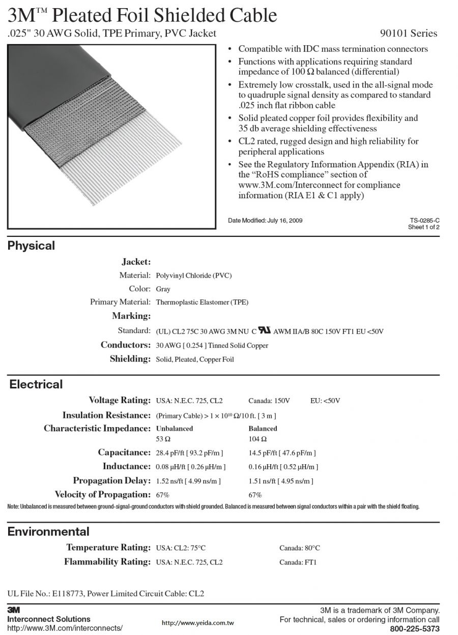 3M™90101 Series Pleated Foil Shielded Cable, .025" 30 AWG Solid (20C to 100C), TPE Primary, PVC Jacket, 100 Ω balanced (differential) applications 銅箔隔離TPE-PVC扁形排線