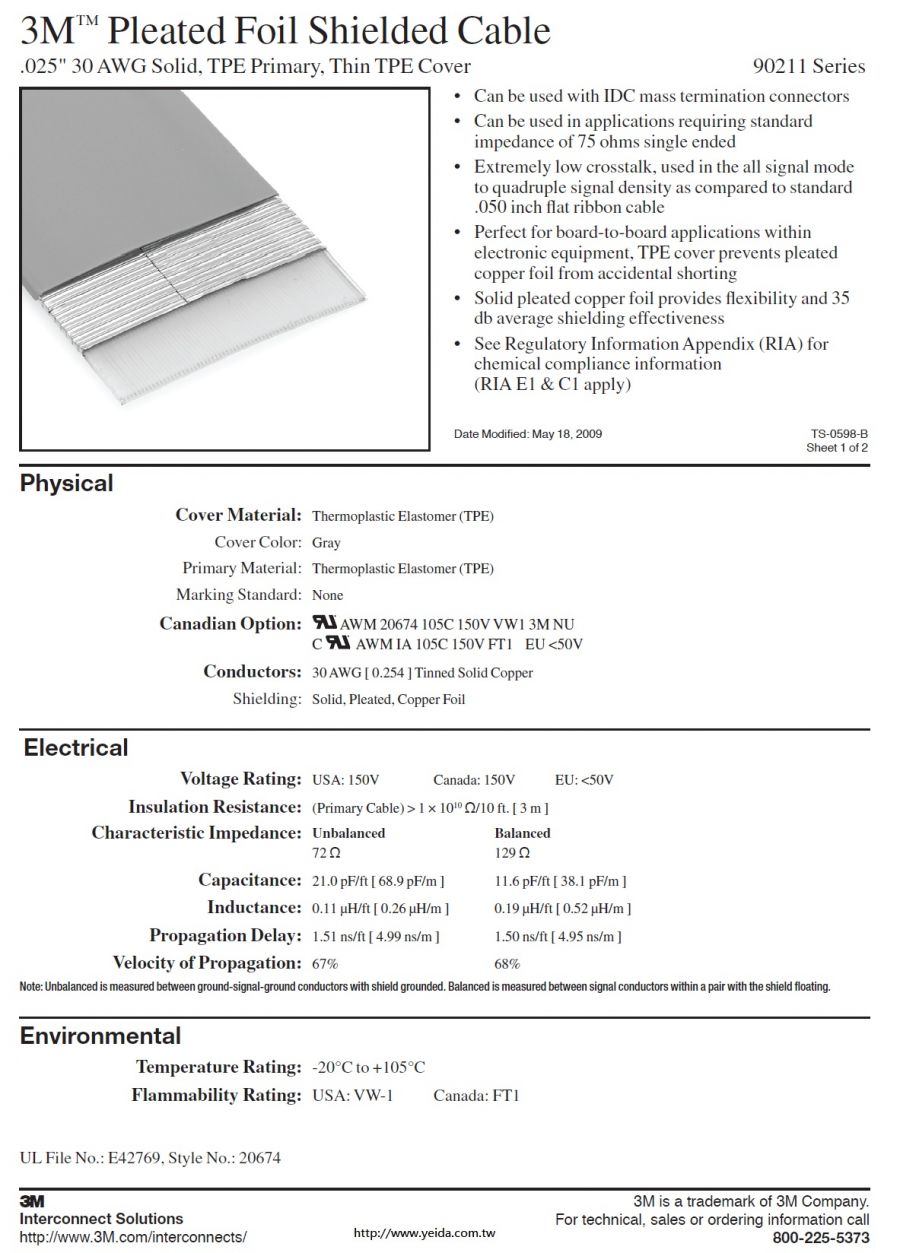 3M™90211 Series Pleated Foil Shielded Cable, .025