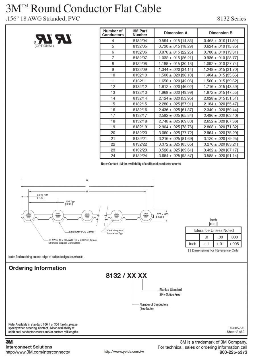 3M™ Round Conductor Flat Cable, .100" UL/20462 300V 105°C 18 AWG Stranded (4C to 24C), PVC, Power Cable 電源應用排線